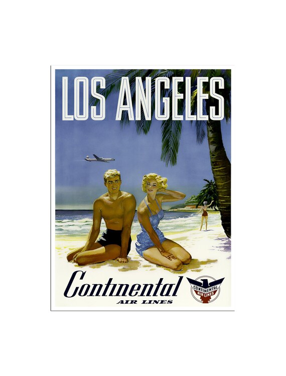 Los Angeles Beach Continental Air Lines Vintage Swimsuit Poster