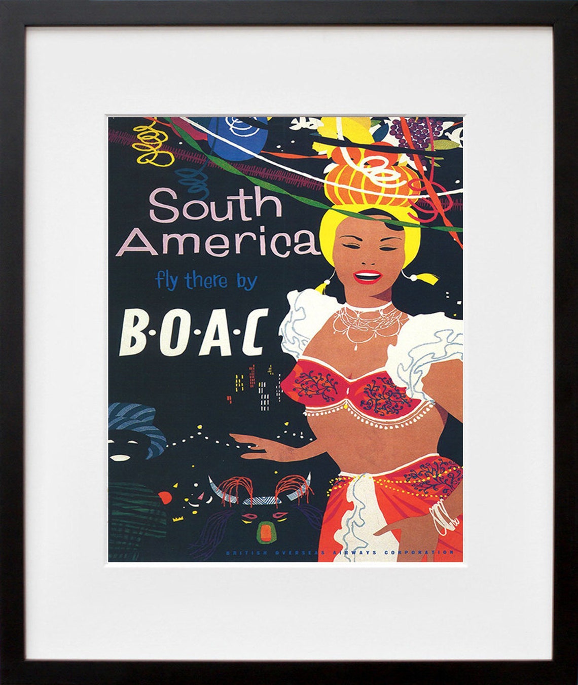 South America B.O.A.C Carnival Night Vintage Travel Poster Art