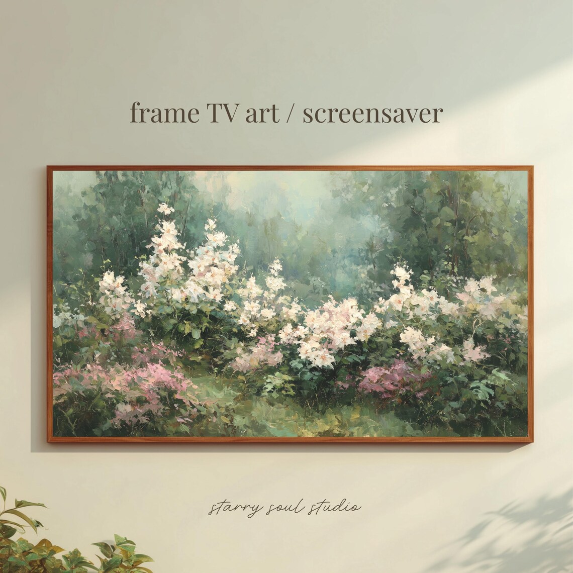 Natural White Blossoms Misty Green Garden Impressionist Poster