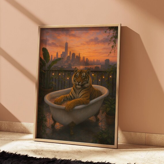 Majestic Urban Tiger Art Print, Sunset Cityscape