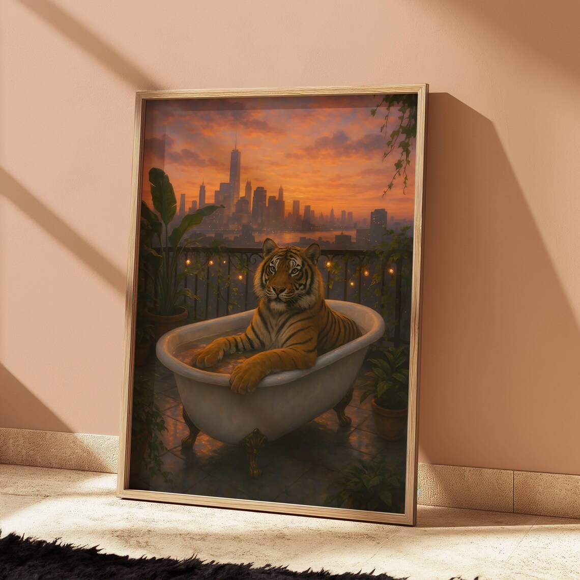 Majestic Urban Tiger Art Print, Sunset Cityscape