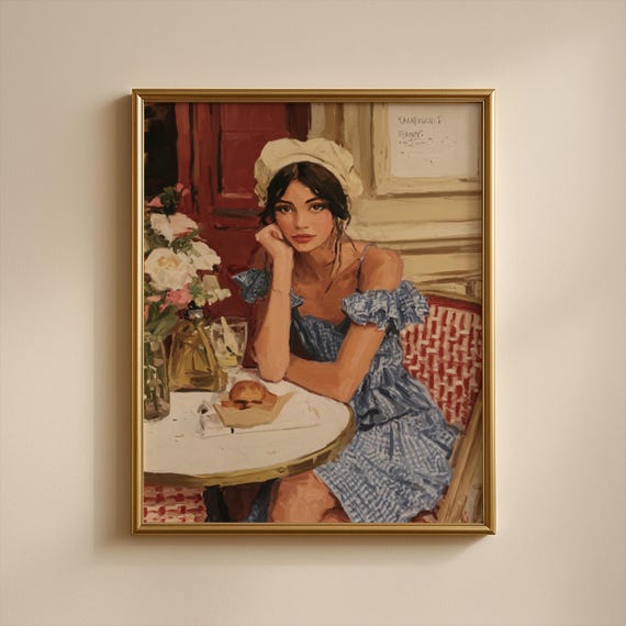 Vintage Parisian Woman Art Feminine Portrait French Girl Romantic Retro Illustration