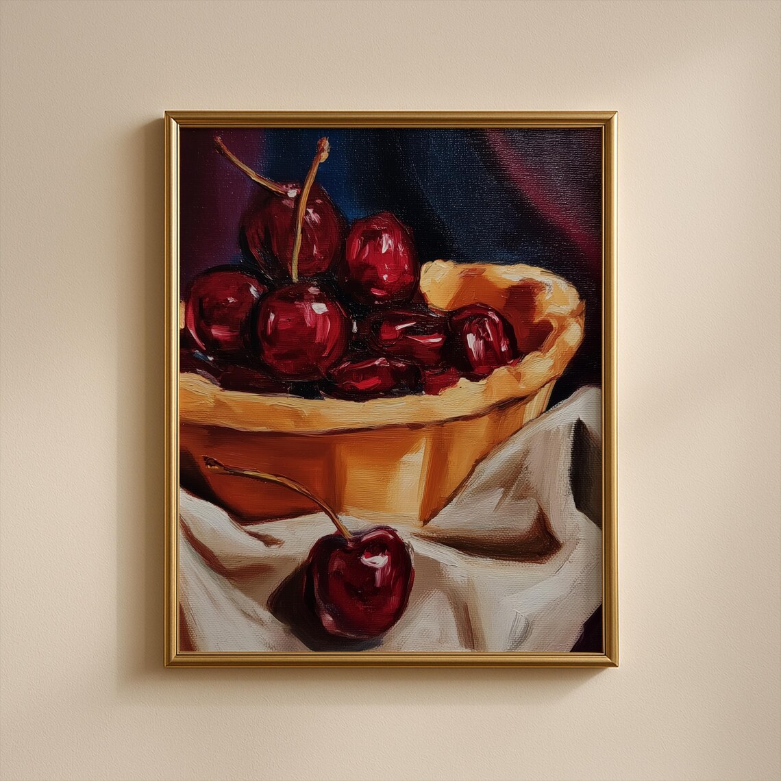 Fresh Cherry Pie in Golden Crust Oil Painting Rustic Still Life Art Poster