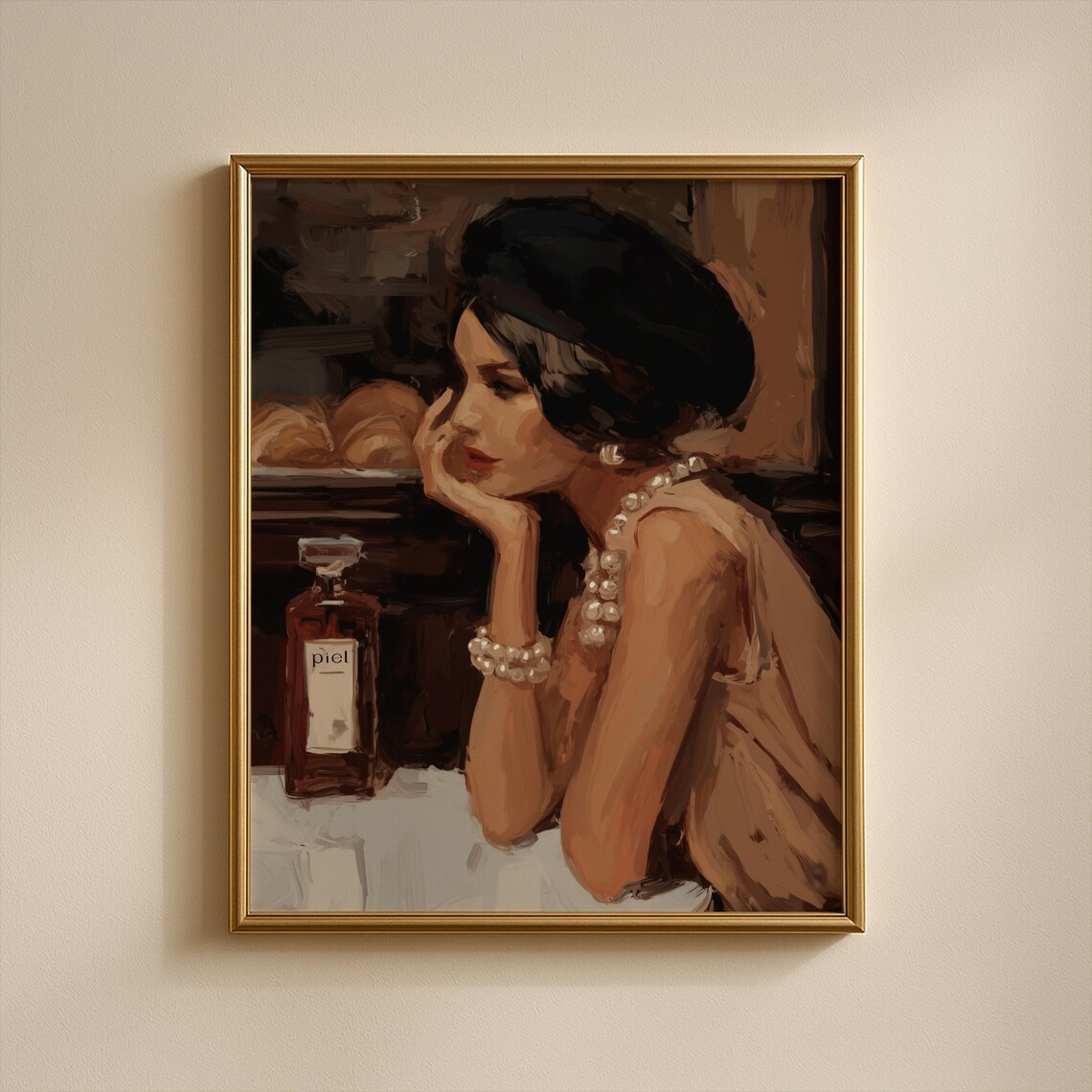 French Woman Beret Pearls Perfume Bottle Moody Cafe Portrait Wall Art