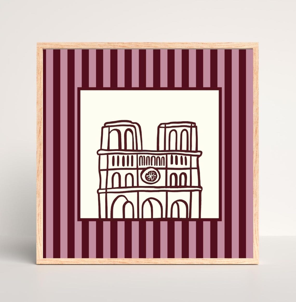 Notre Dame Cathedral Paris Line Art Burgundy Minimalist Wall Art