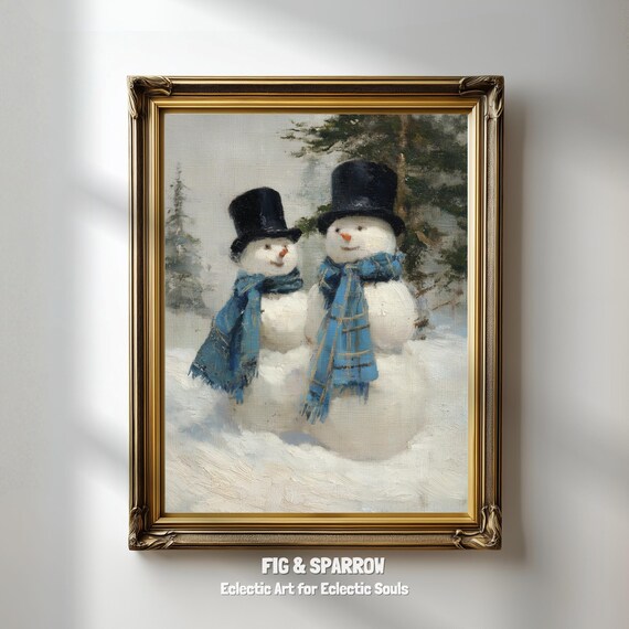Two Snowmen Top Hats Vintage Winter Christmas Holiday Wall Art