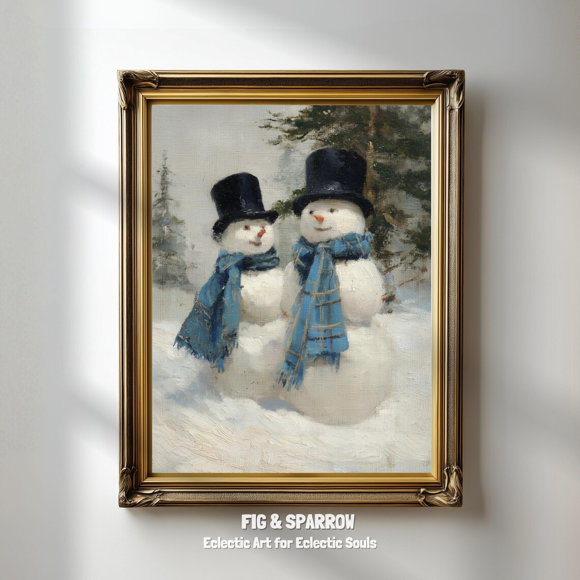 Two Snowmen Top Hats Vintage Winter Christmas Holiday Wall Art