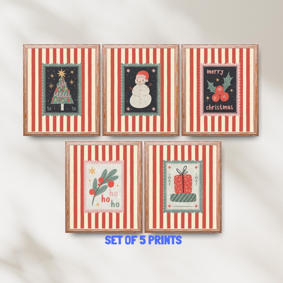 Set of 5 Vintage Christmas Stamp Style Red Stripe Holiday Print Set