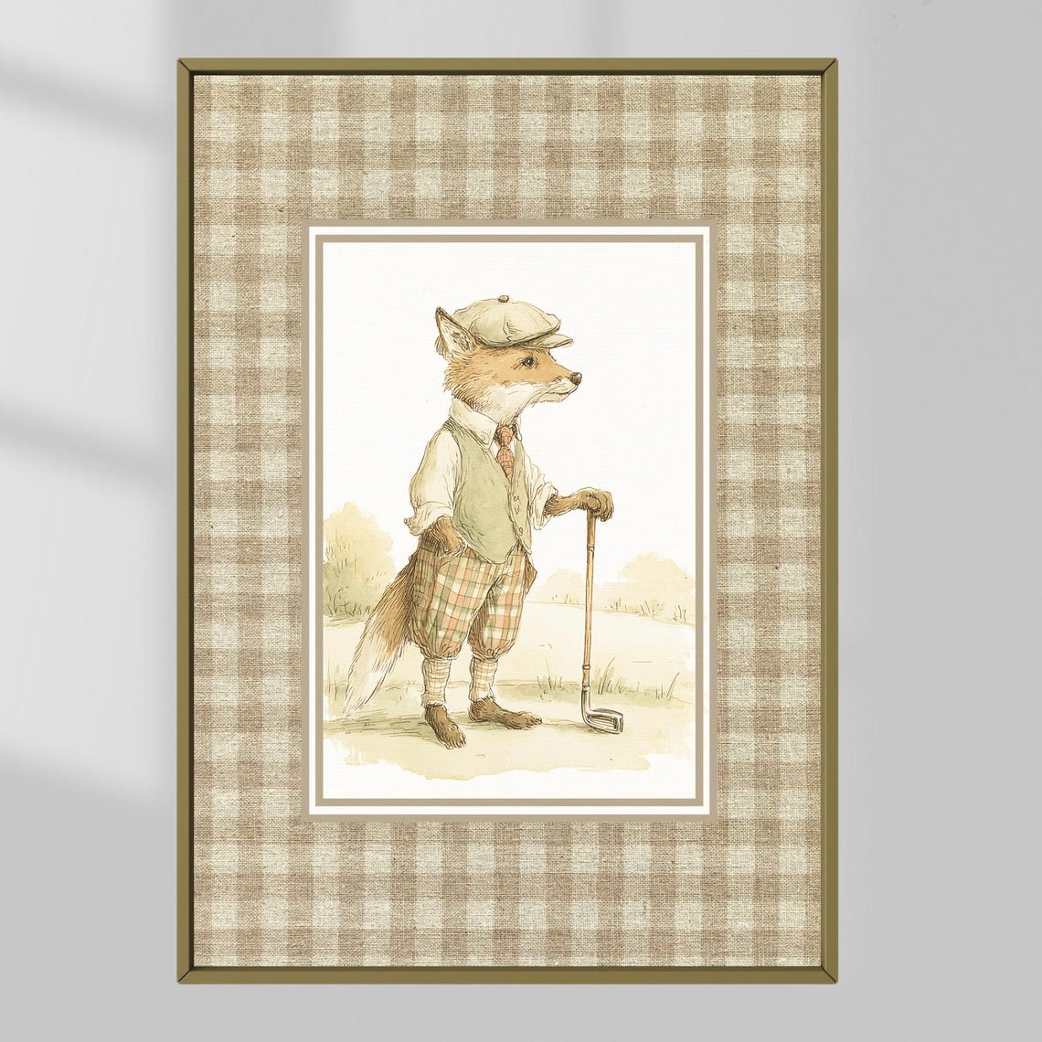 Golf Fox in Flat Cap and Plaid Plus Fours Watercolor Nursery Art Print