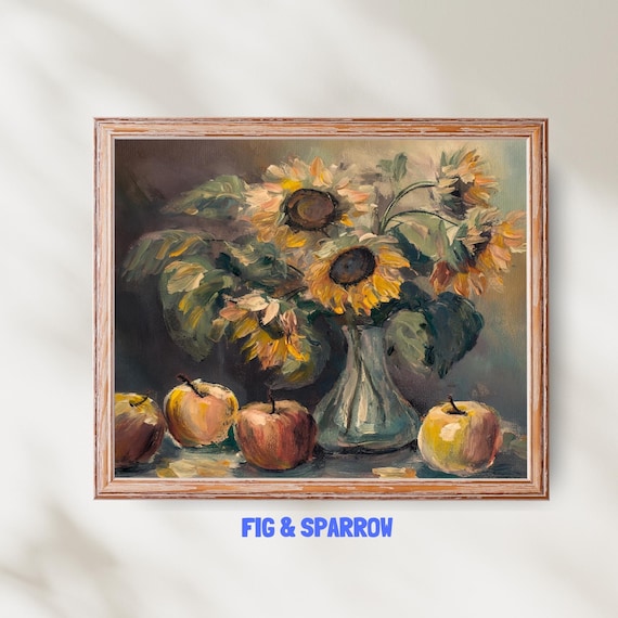 Sunflowers and Apples Vintage Oil Painting Floral Still Life Wall Art