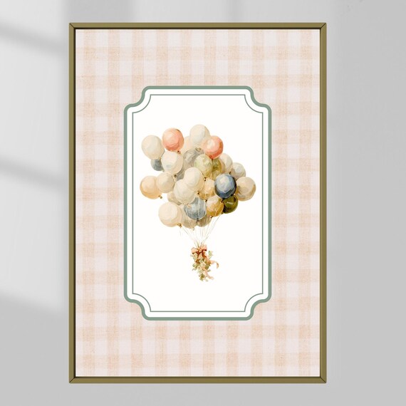 Pastel Balloon Bunch on Gingham Nursery Baby Girl Room Art Print