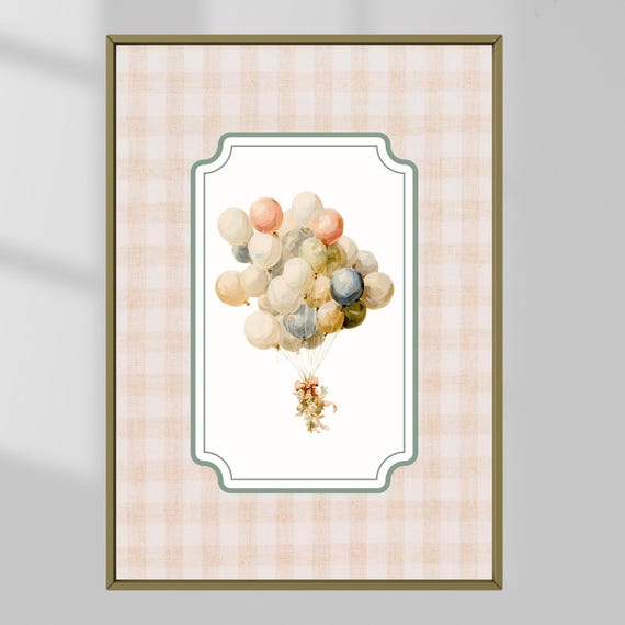 Vintage Pastel Balloon Nursery Print Gingham Baby Room Wall Art