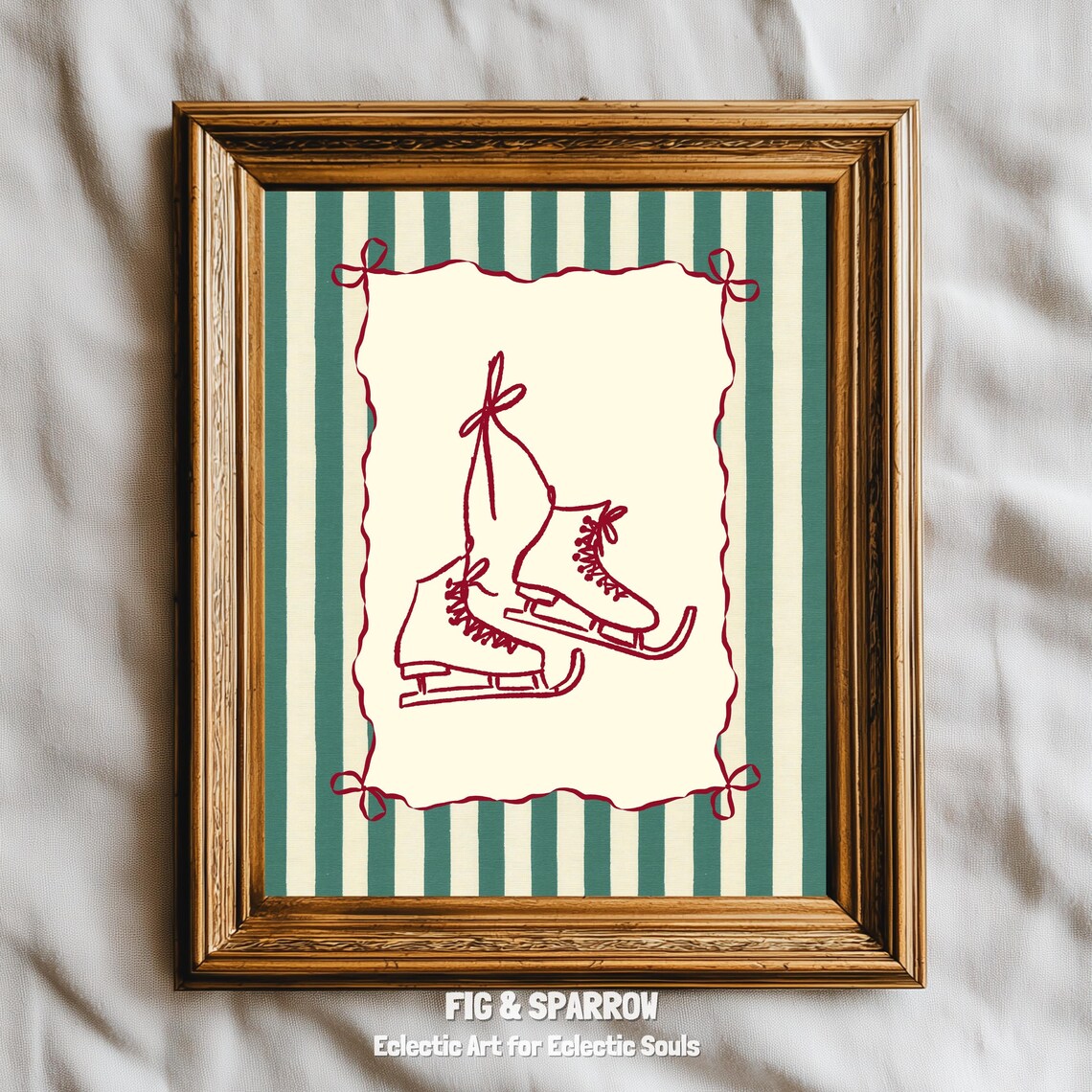 Vintage Ice Skates Christmas Line Drawing Green Striped Holiday Wall Art