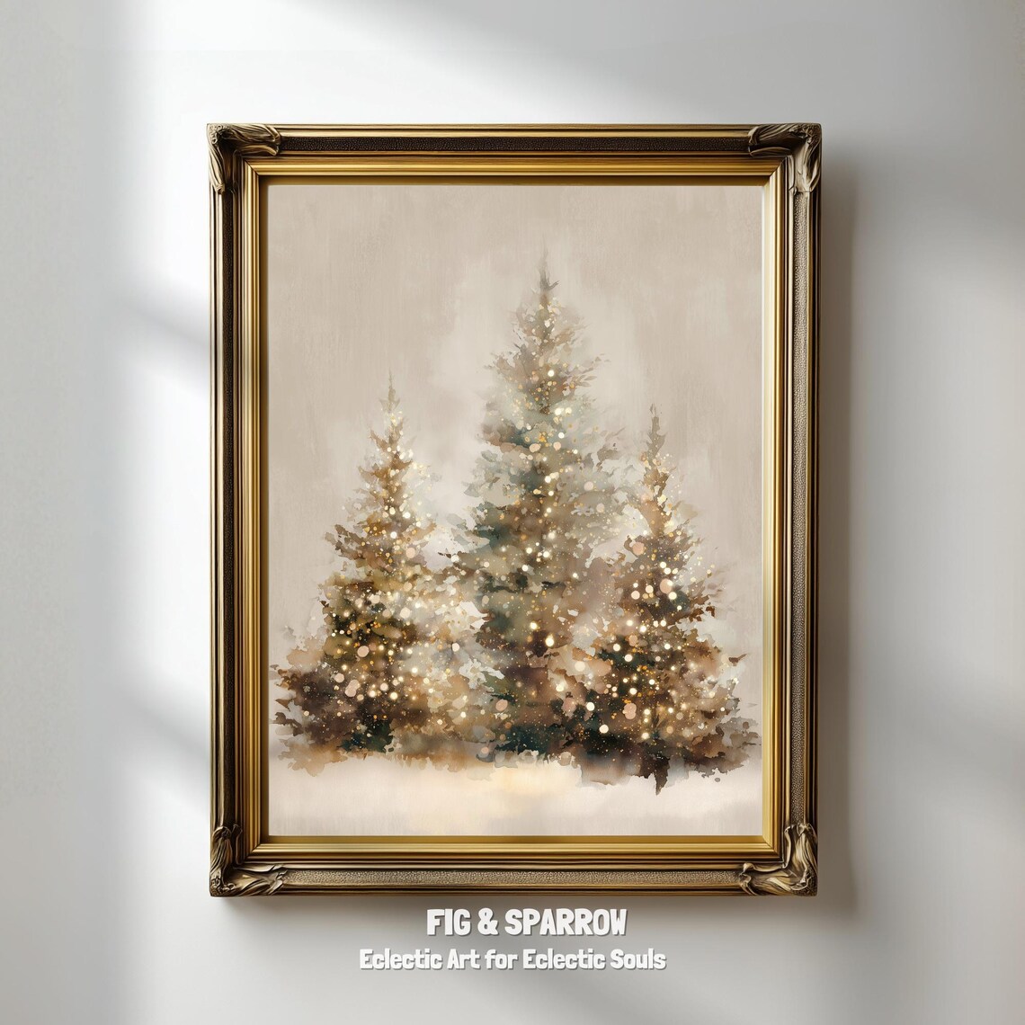 Golden Watercolor Christmas Trees Trio Holiday Evergreen Art Print