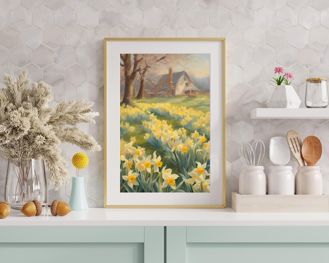 Vintage Farmhouse Daffodil Meadow Brick Chimney Cottage Oil Art Poster - Image 2