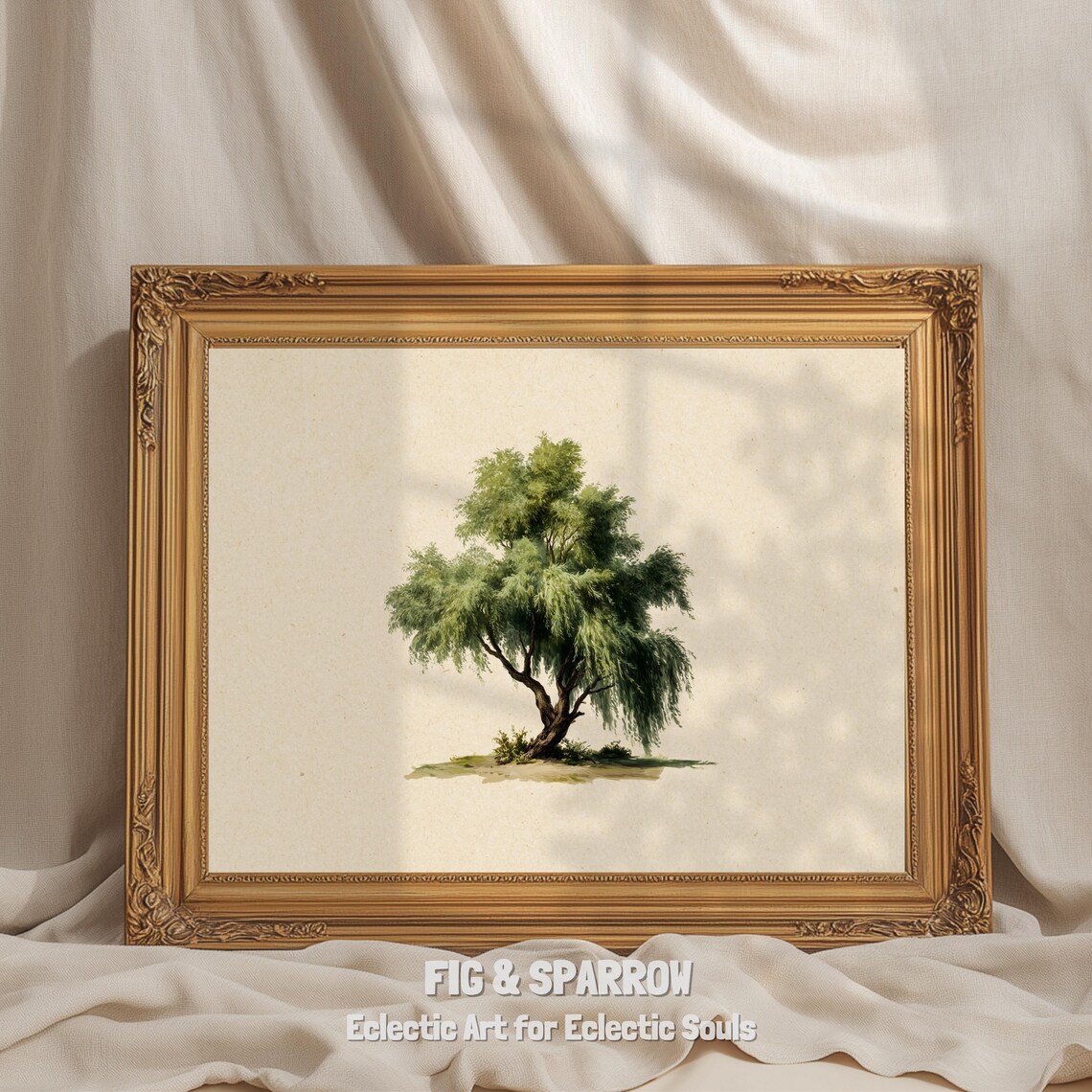 Vintage Willow Tree Print, Rustic Botanical Landscape