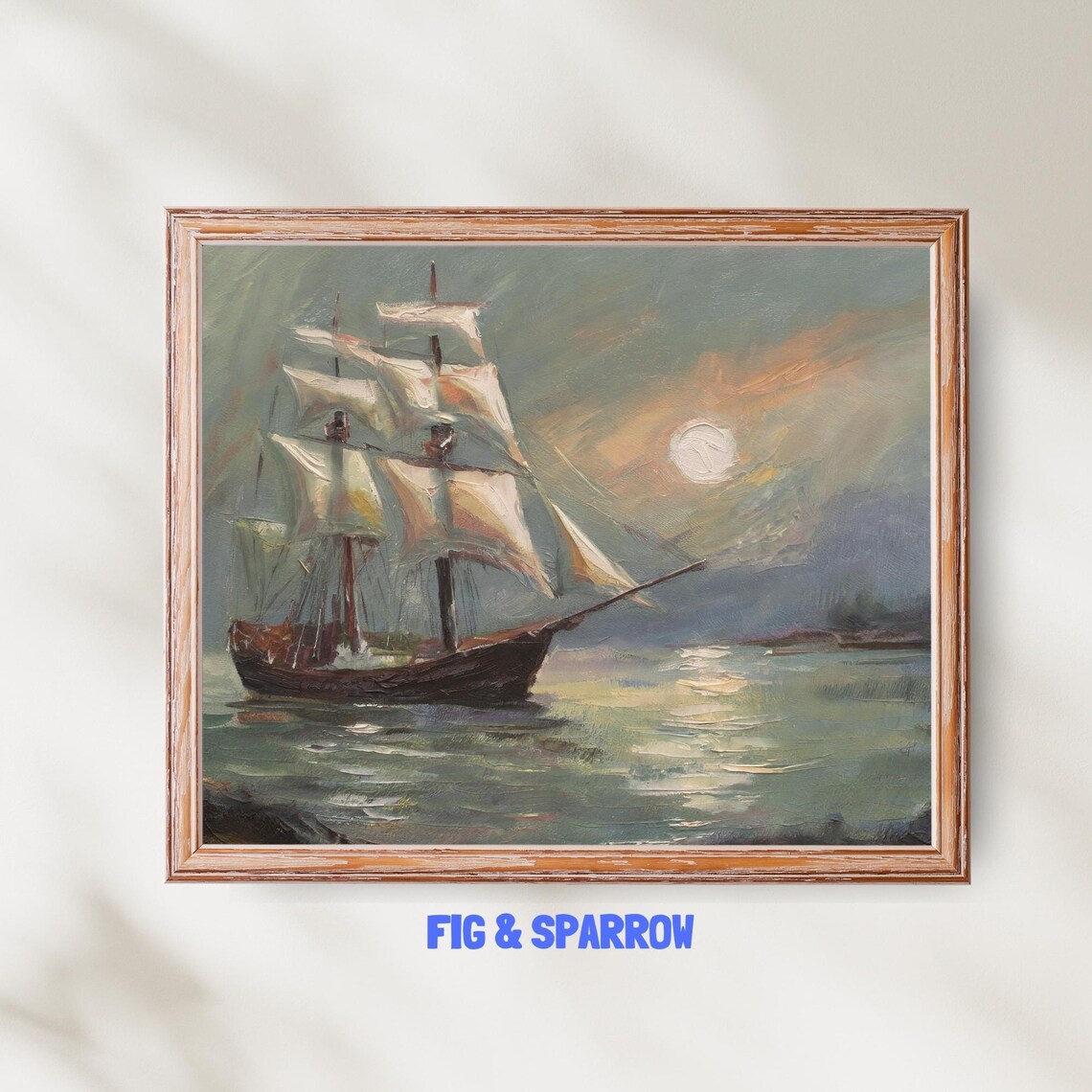 Vintage Tall Ship Oil Painting Moonlit Sea Sailing Coastal Wall Art