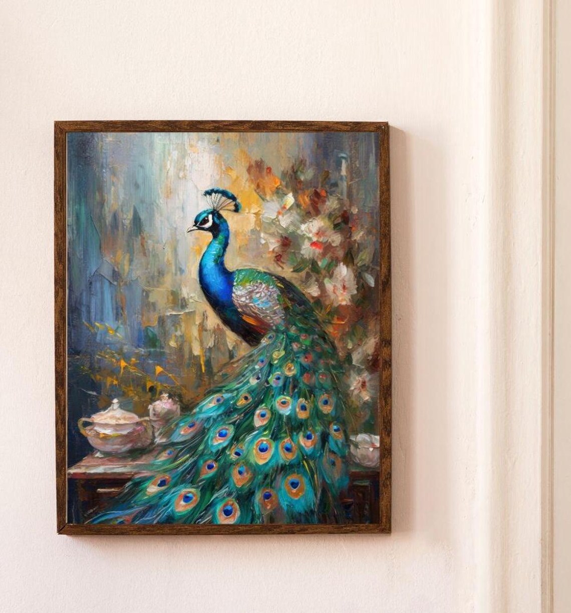 Peacock With Iridescent Tail Feathers Floral Oil Painting Poster