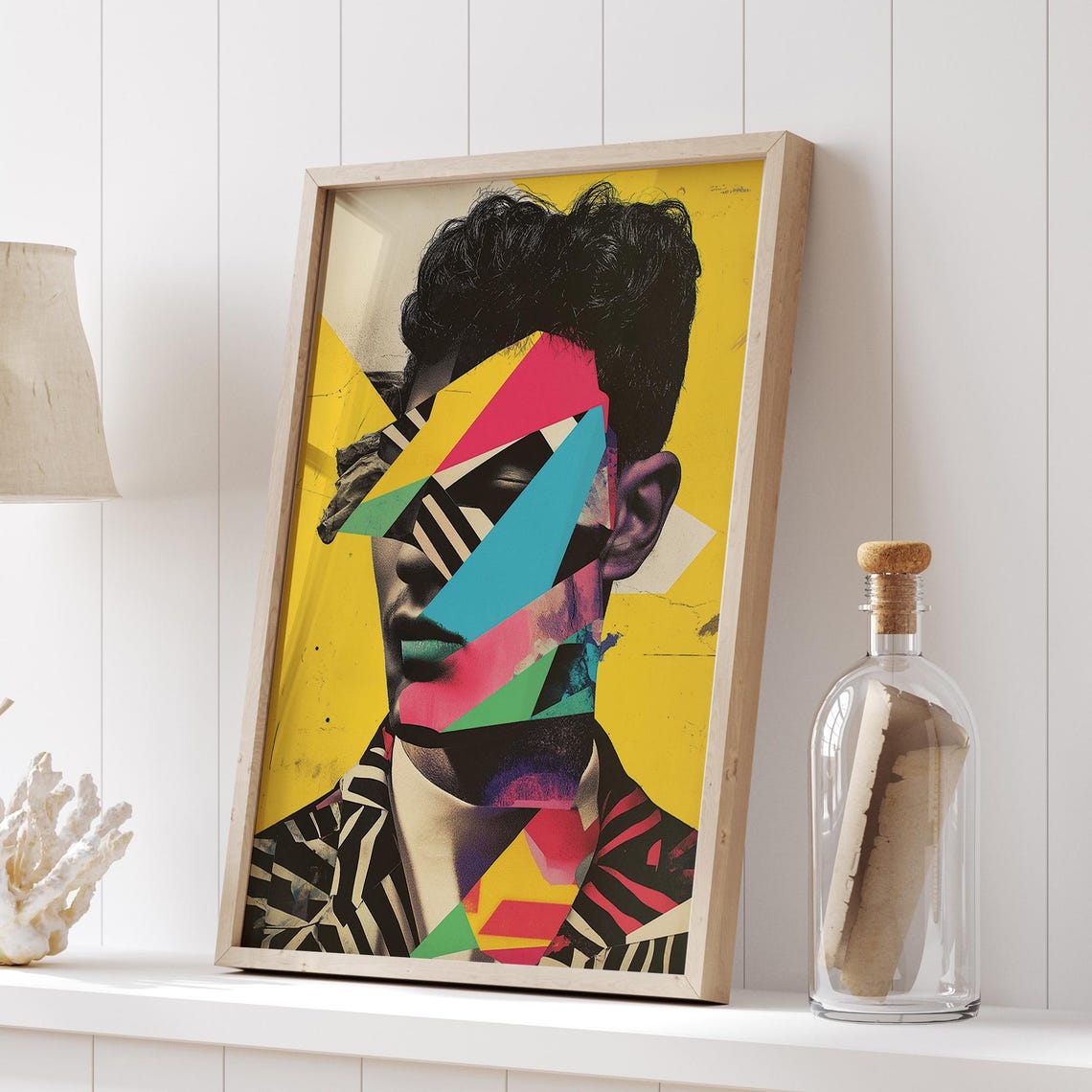Geometric Collage Male Portrait On Mustard Yellow Art Poster - Image 2