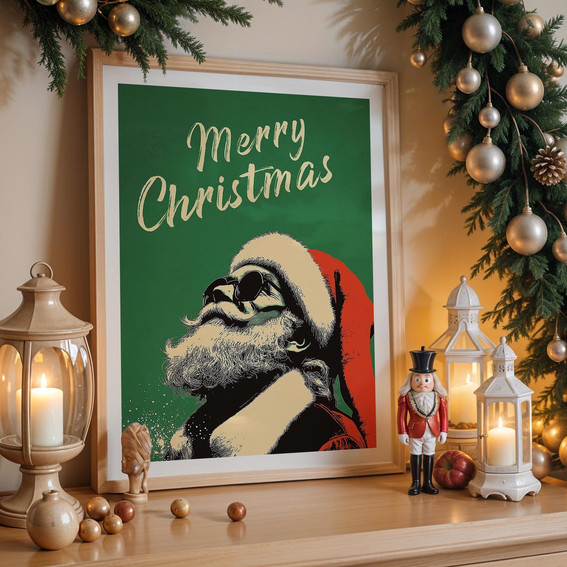 Merry Christmas Cool Santa Sunglasses Retro Script Green Art Poster - Image 4
