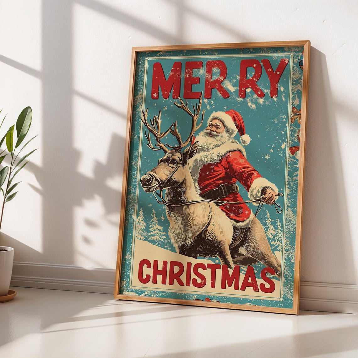 Retro Merry Christmas Santa Claus Riding Reindeer Vintage Style Poster - Image 2