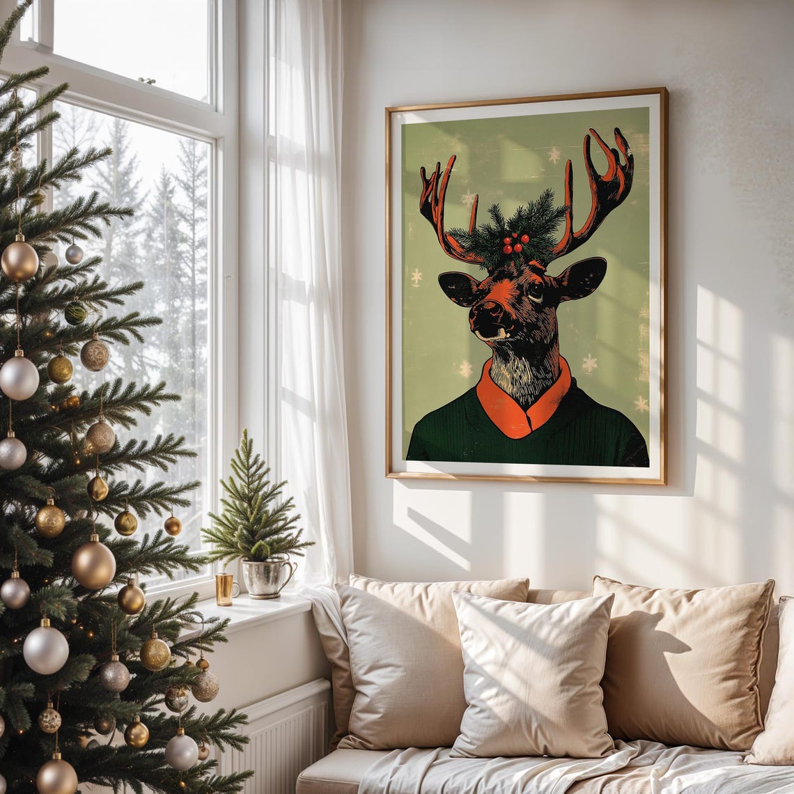 Funny Reindeer Green Sweater Sunglasses Pine Berries Holiday Wall Art - Image 5