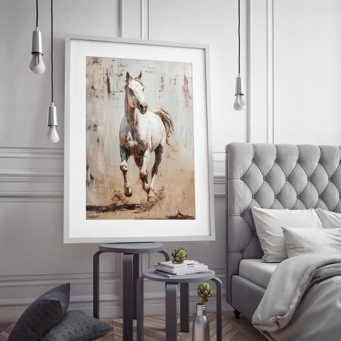 Rustic White Horse Trotting Poster on Gray Vintage Equestrian Art - Image 5