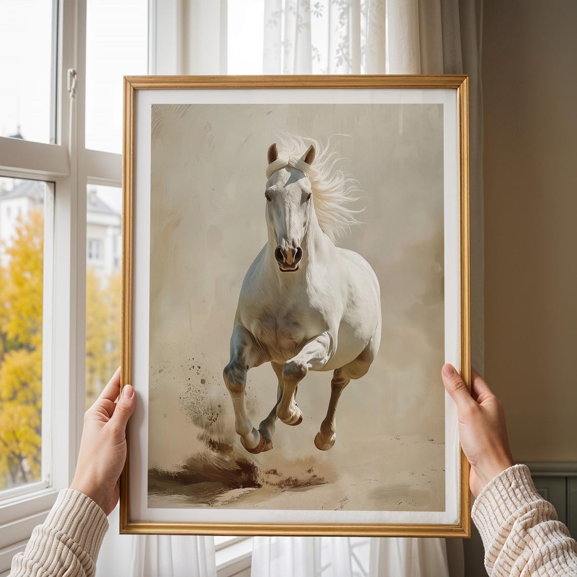 White Horse Running Forward Poster on Beige Elegant Equestrian - Image 3