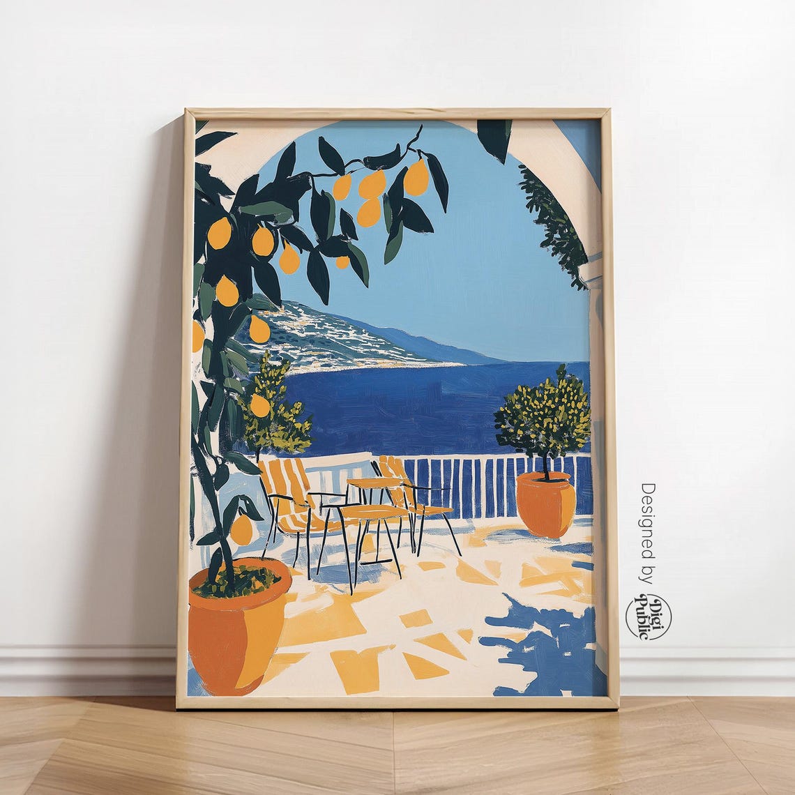 Mediterranean Lemon Tree Terrace Poster Blue Coast Summer Art