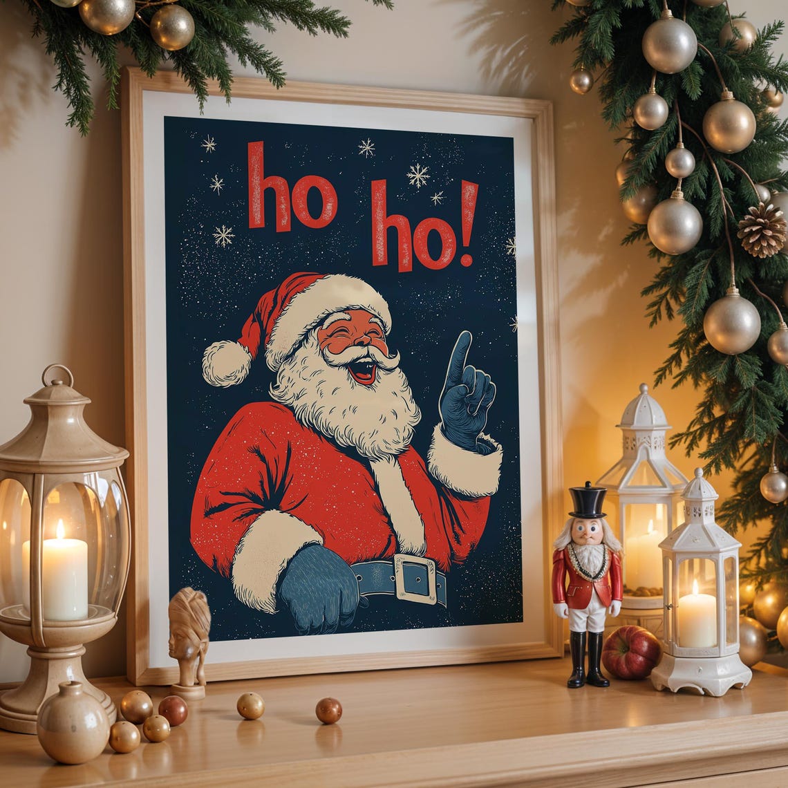 Retro Laughing Santa Claus Ho Ho Ho Vintage Christmas Night Sky Poster - Image 4