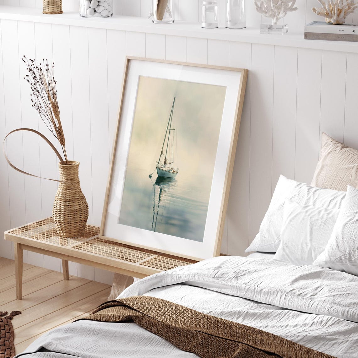 Minimalist Serene Sailboat On Misty Morning Ocean Wall Poster - Image 3