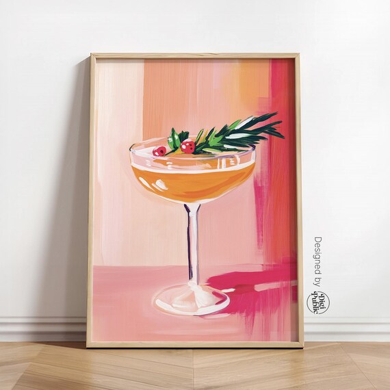 Festive Cocktail Coupe Garnished Cranberry Bar Art Home Bar Decor Poster