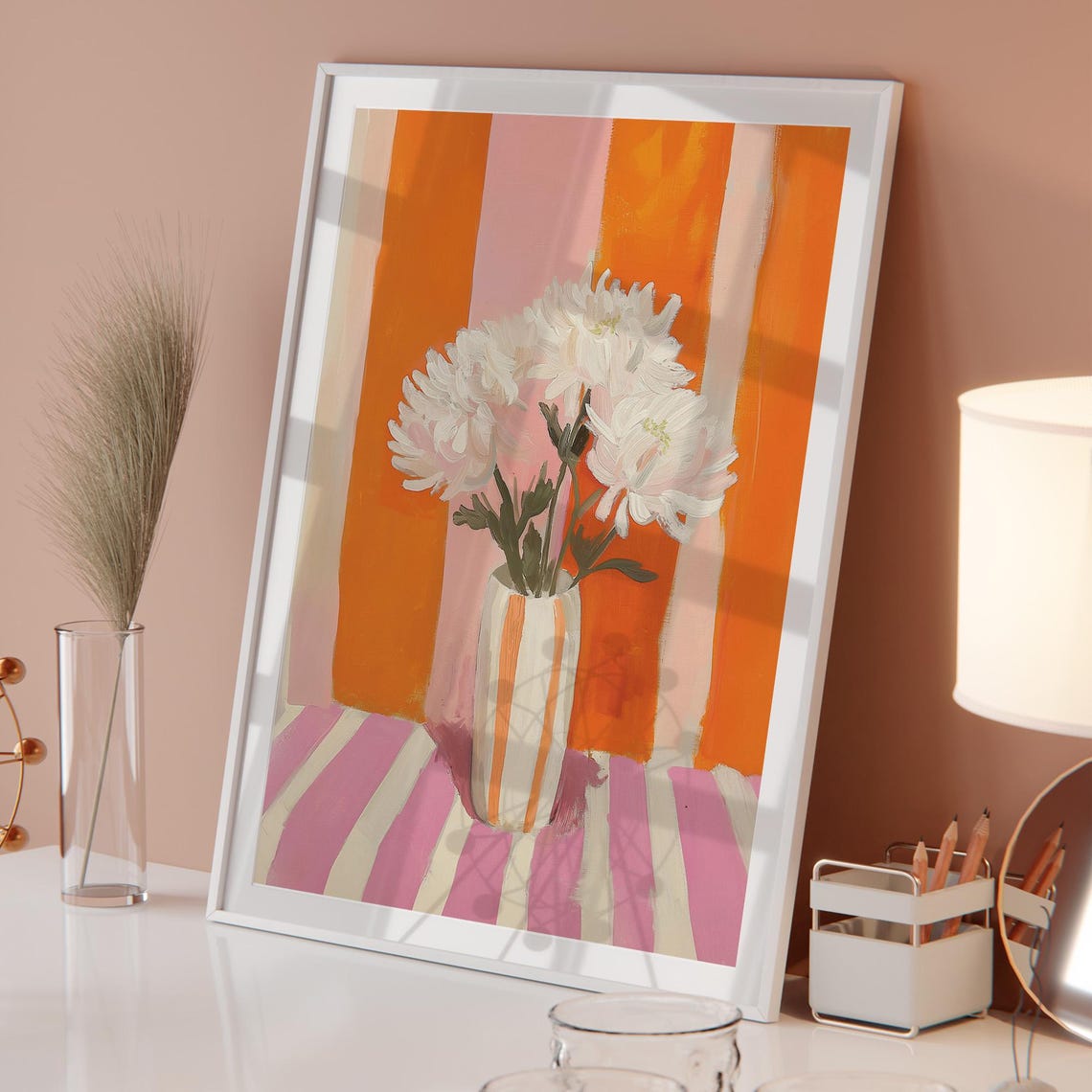 White Flowers Vase on Orange Striped Poster Bold Floral Still Life - Image 5