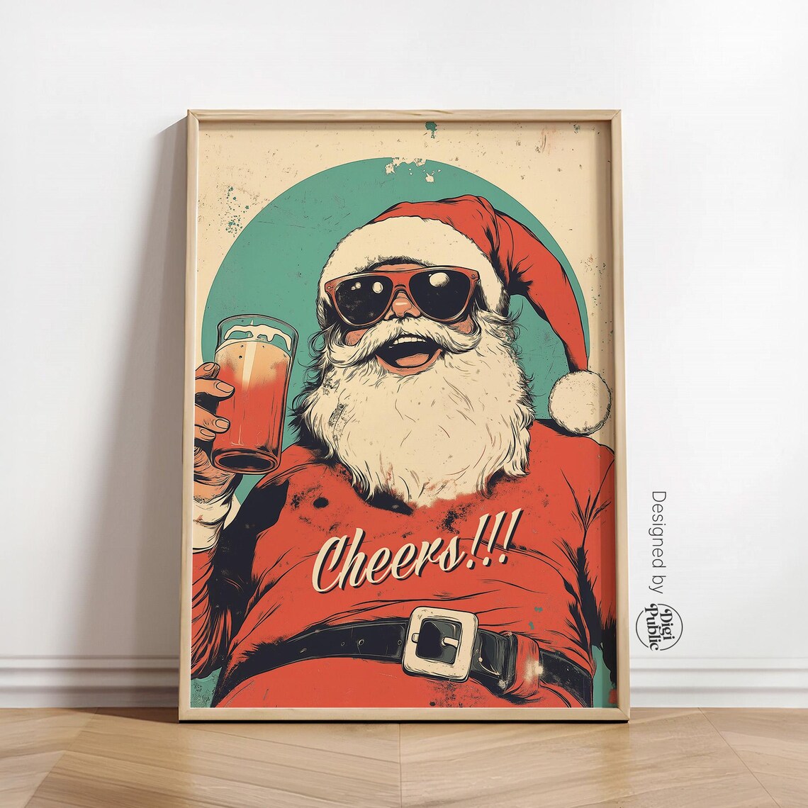 Retro Santa With Beer Cheers Funny Holiday Party Bar Room Decor Poster