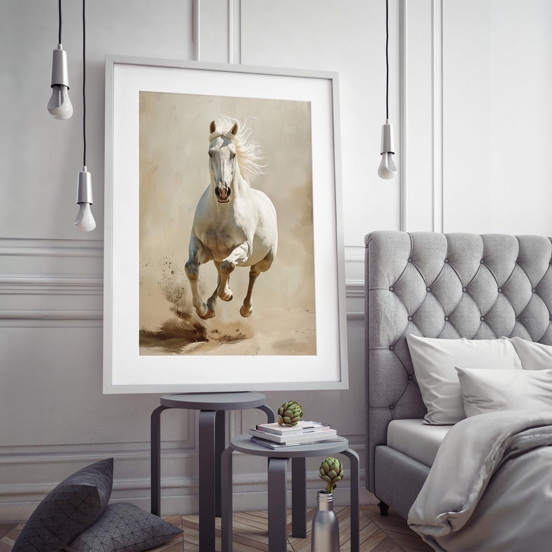 White Horse Running Forward Poster on Beige Elegant Equestrian - Image 4