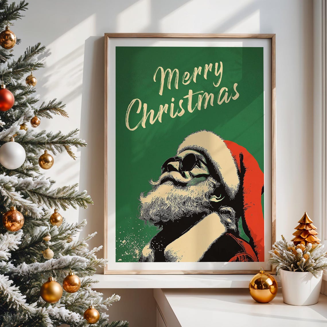 Merry Christmas Cool Santa Sunglasses Retro Script Green Art Poster - Image 5
