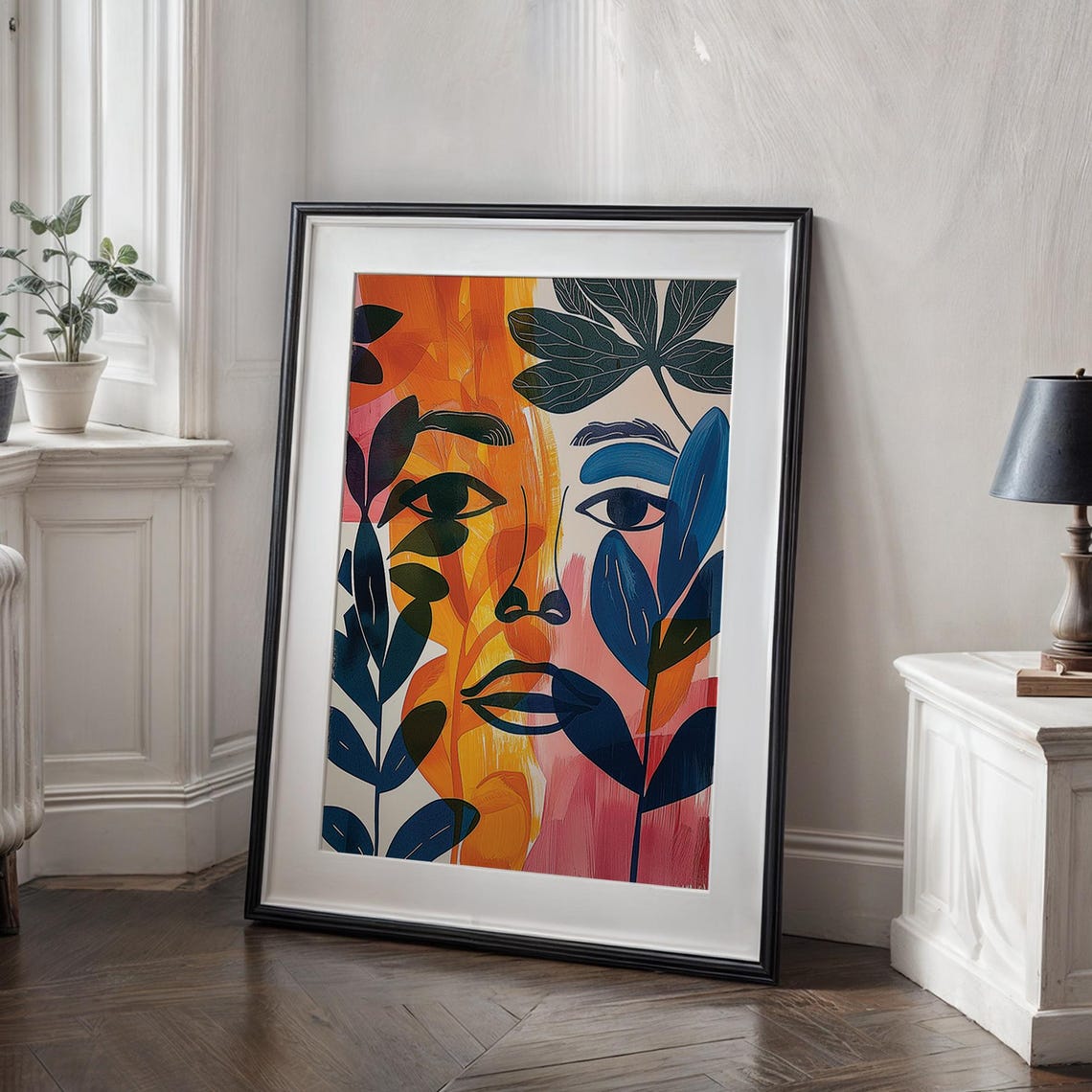 Abstract Botanical Face With Tropical Leaves Modern Art Poster - Image 2