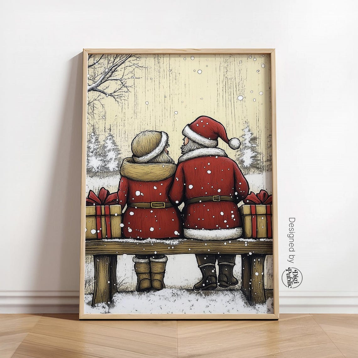 Santa and Mrs Claus on Snowy Bench Romantic Vintage Christmas Wall Art