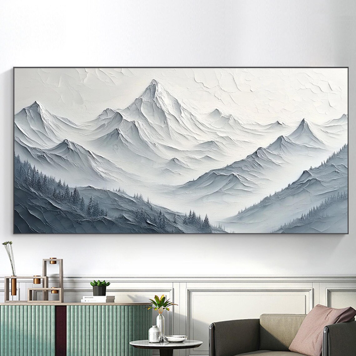 Misty Gray Mountain Peaks Pines Panoramic Textured Landscape Poster