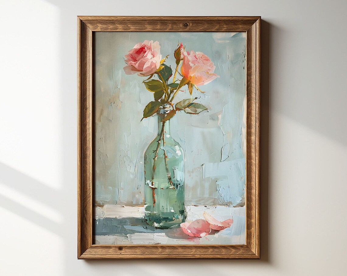 Pink Roses in Green Glass Vase Still Life Oil Painting Poster - Image 3