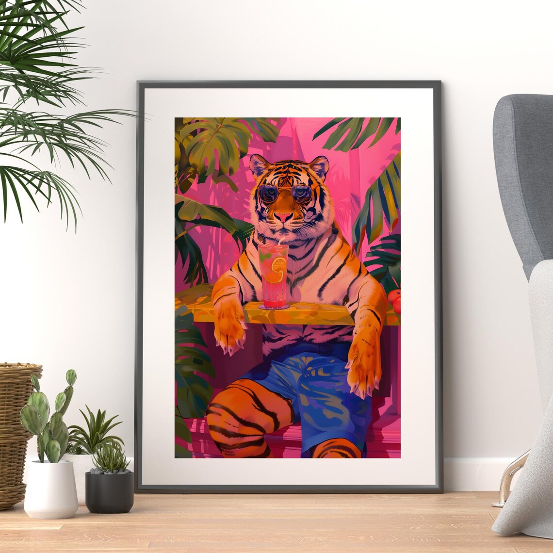 Cool Tiger Sipping a Cocktail at a Pink Tropical Tiki Bar Poster