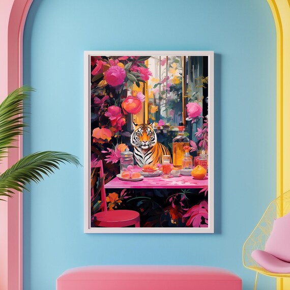 Tiger At Pink Cafe Table Maximalist Floral Animal Illustration Poster