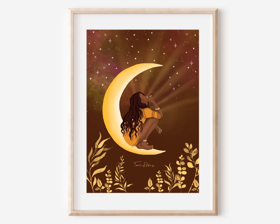 Girl In The Moon Celestial Boho Art Print