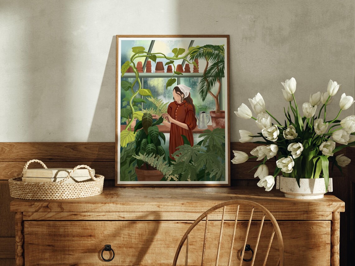 Greenhouse Plant Lady Illustration Boho Art Print - Image 2