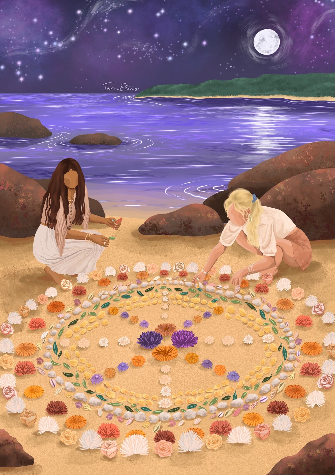Moonlit Beach Earth Altar Shell Flower Mandala Ceremony Women Poster - Image 3