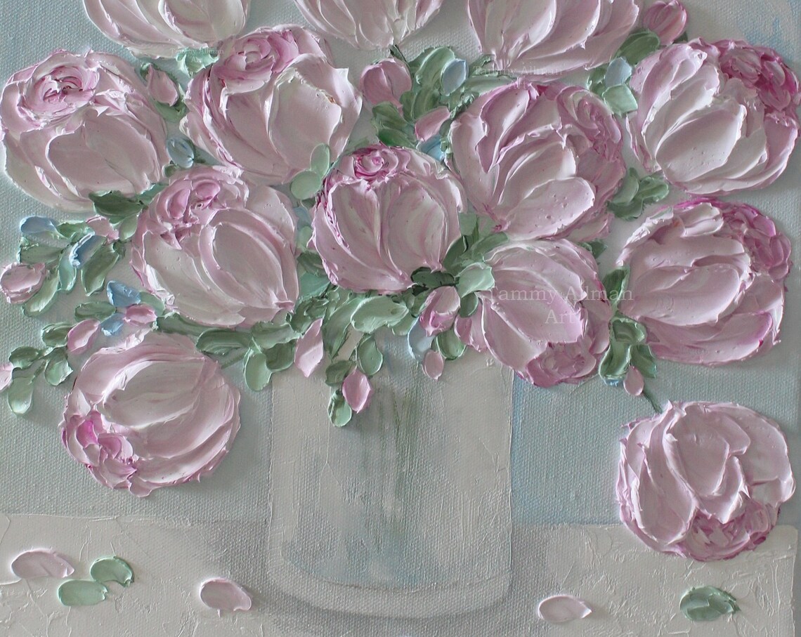 Pastel Pink Peonies Impasto Bouquet on Blue Background Art Poster - Image 5