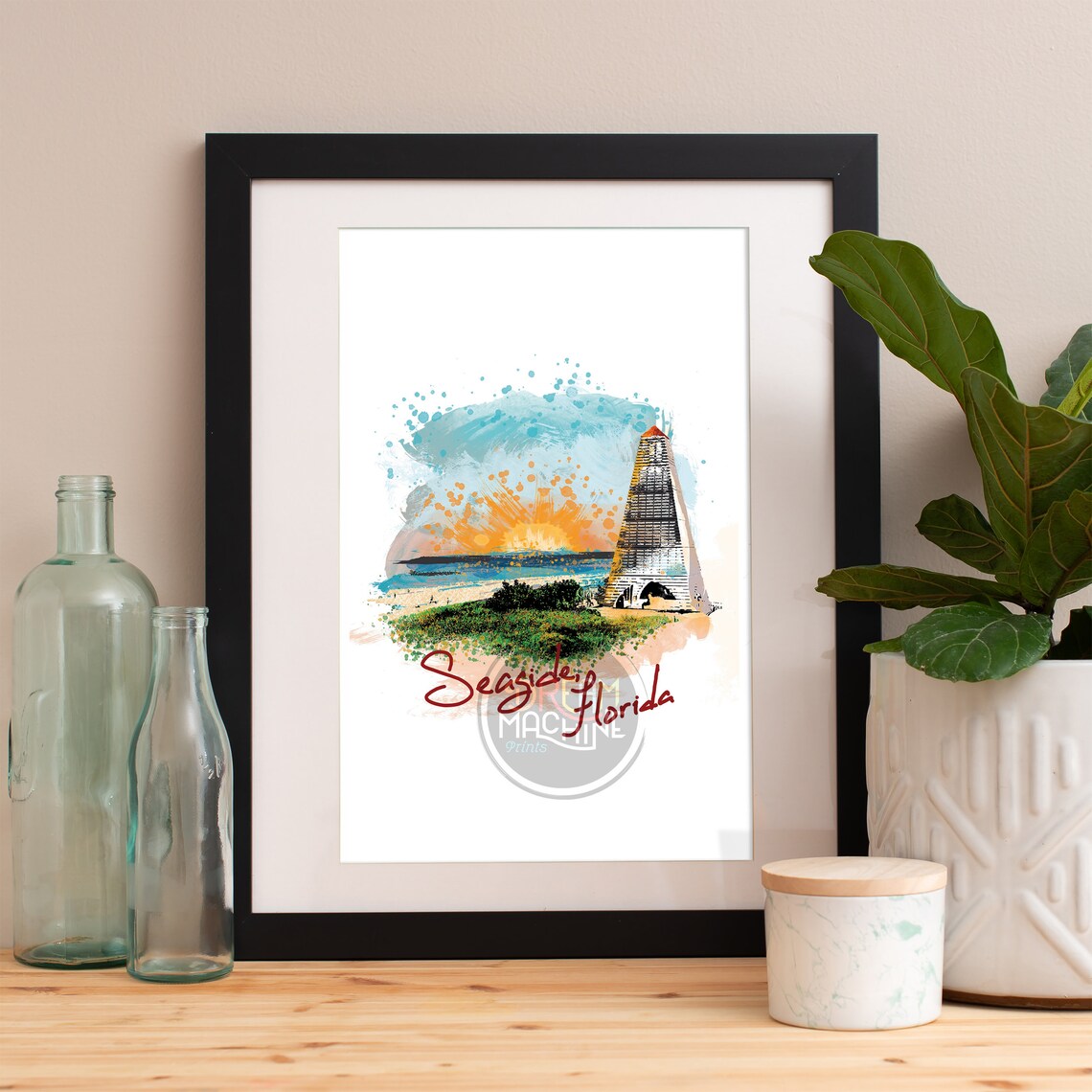 Seaside Watercolor Skyline, Coastal Travel Poster