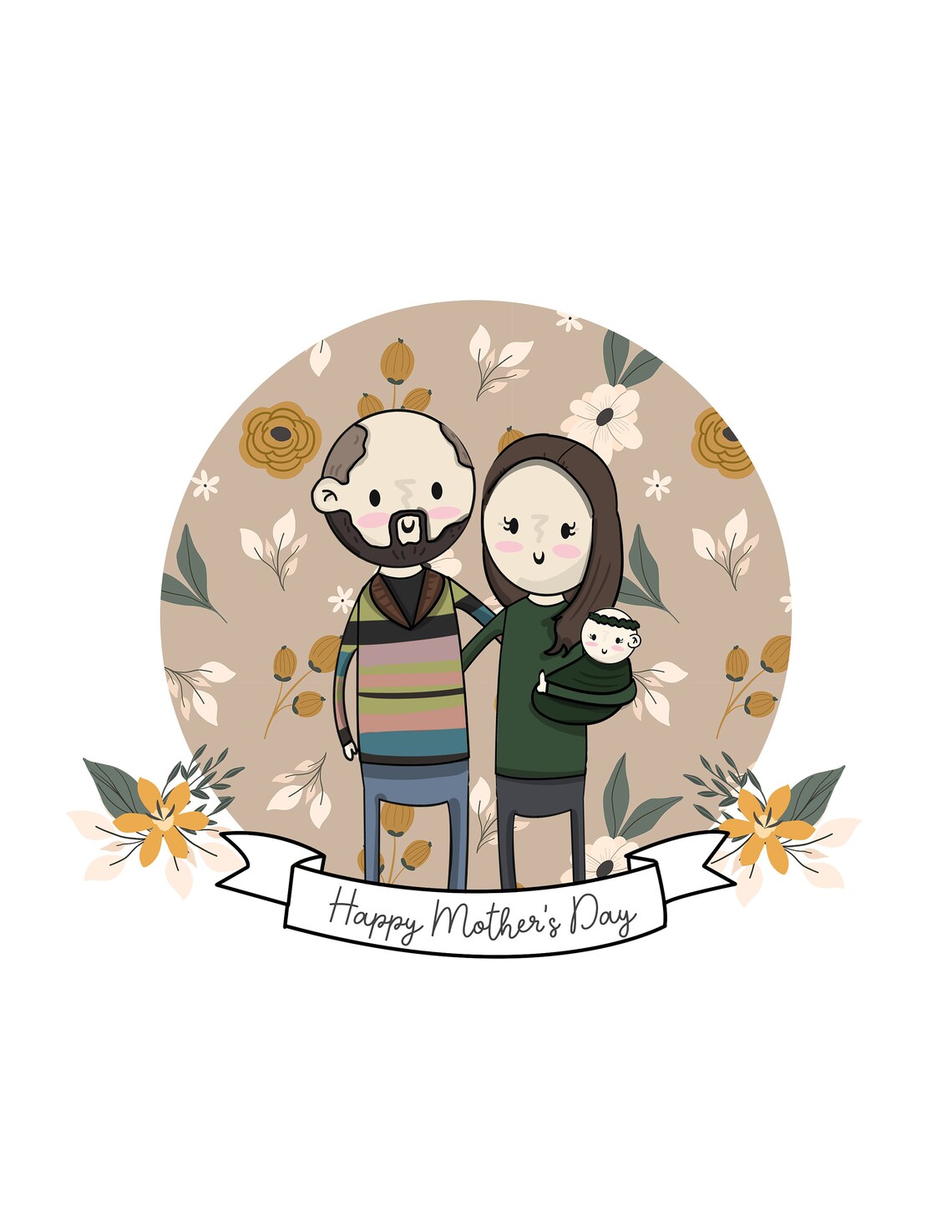 Happy Mothers Day Cartoon Couple With Baby in Floral Circle Poster