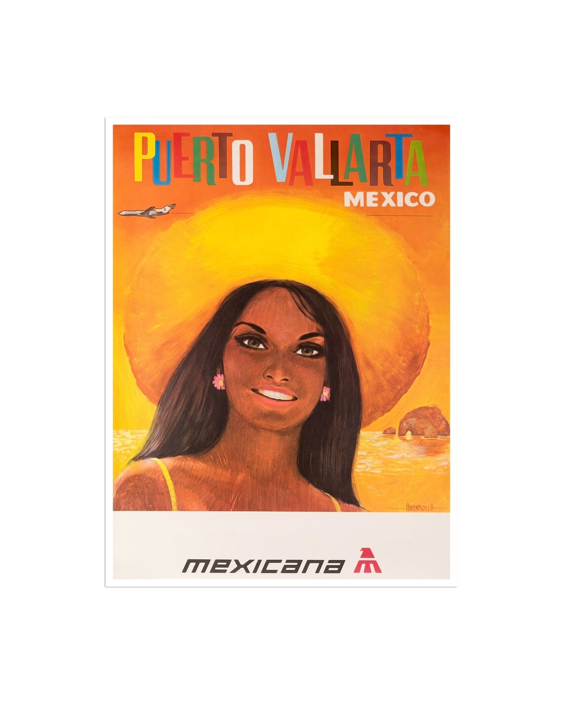 Puerto Vallarta Mexico Woman Sombrero Mexicana Vintage Travel Poster