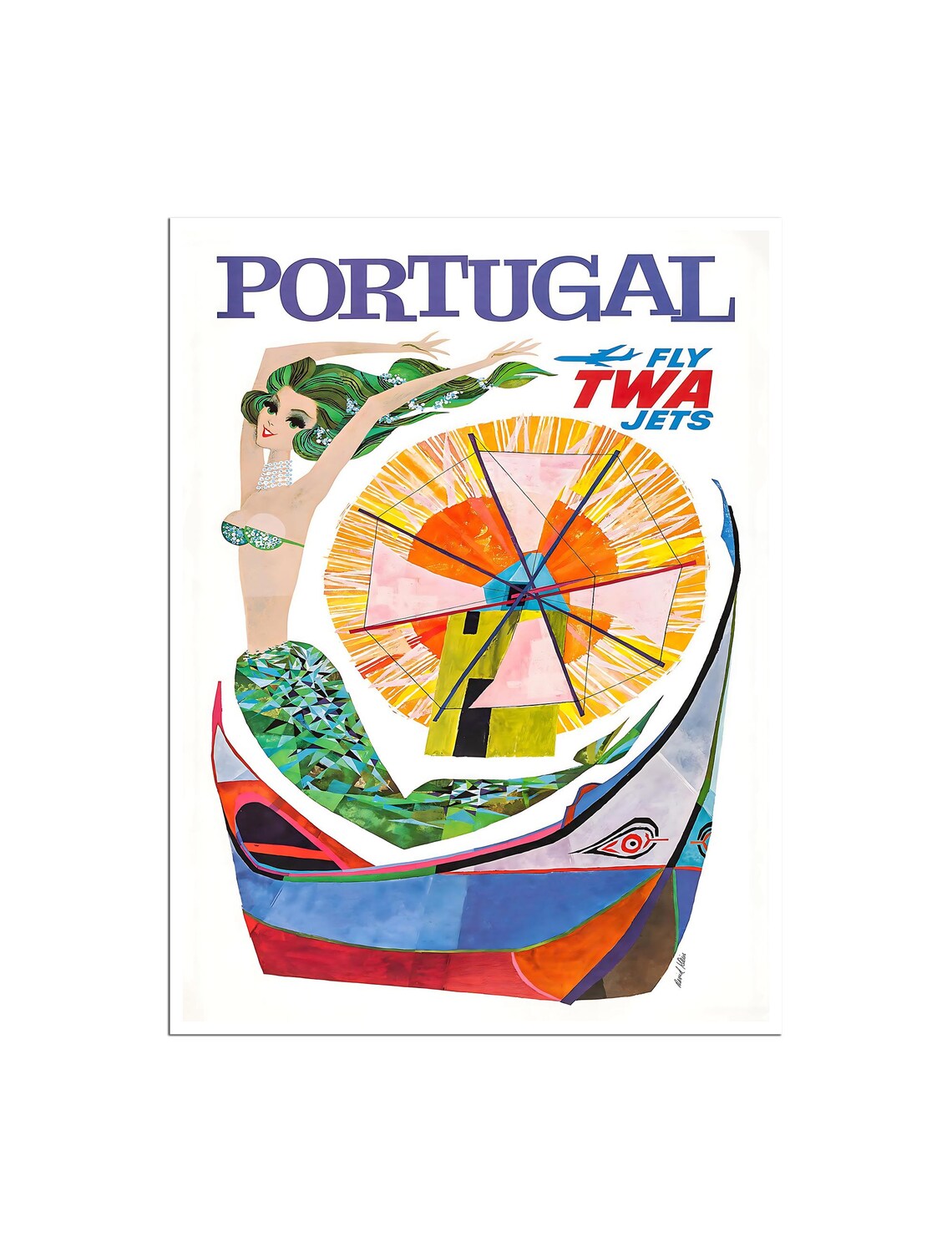Portugal Fly TWA Jets David Klein Mermaid Windmill Boat Art Poster
